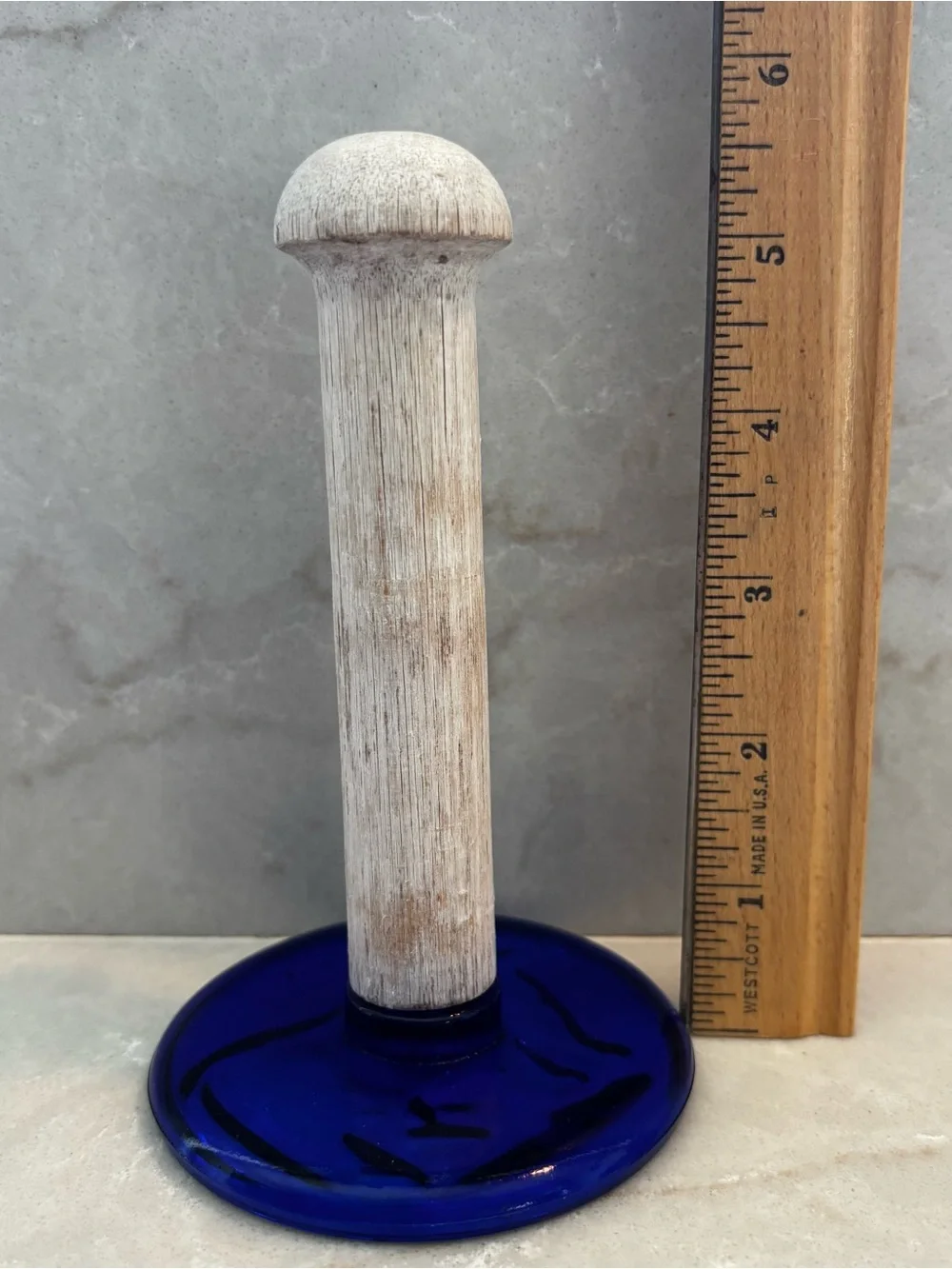 Cobalt Blue Glass Cow Butter Press Mold Wood Handle Vintage Rare